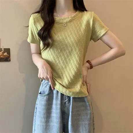 小个子短款正肩短袖T恤女夏装2023新款修身显瘦潮牌半袖别致上衣商品大图