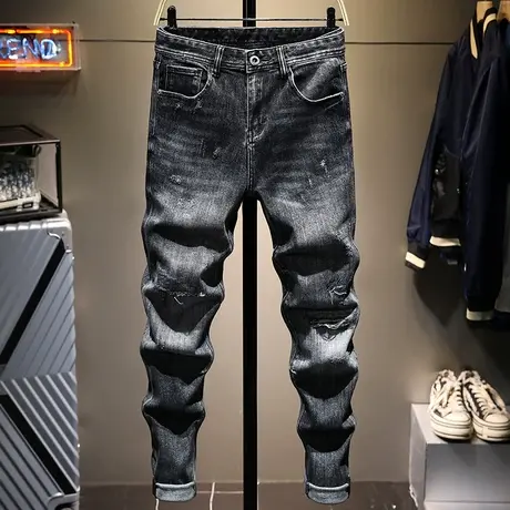 秋冬款黑色破洞牛仔裤男修身小脚百搭男士休闲长裤子男士显瘦高档商品大图