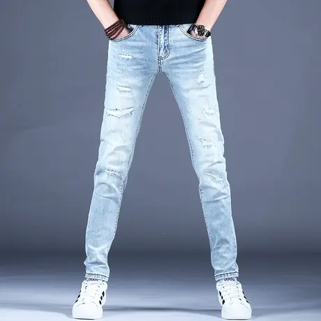 2023男士春季牛仔裤子简约蓝灰修身精致破洞补丁小脚裤百搭男潮牌图片