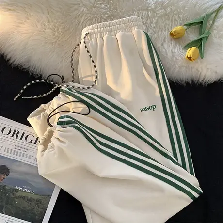 条纹休闲裤子男式夏季薄款潮牌宽松运动卫裤潮流抽绳束脚哈伦长裤图片