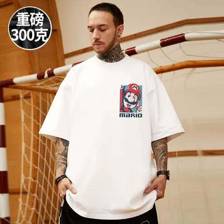 重磅美式日系胖子短袖t恤加肥加大码黑色圆领纯棉简约半袖男潮流商品大图