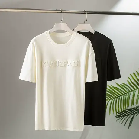 白色休闲短袖T恤男士夏季大码透气宽松时尚潮流帅气圆领体恤上衣商品大图