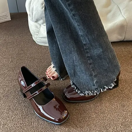 高跟玛丽珍小皮鞋女2023新款春夏法式白色方头粗跟配裙一字带单鞋商品大图