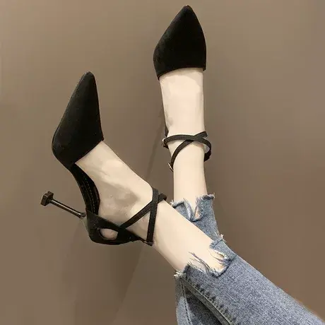 鞋子女2023新款春季时尚百搭尖头网红高跟鞋女细跟一字带仙女单鞋商品大图