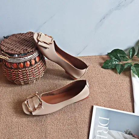 网红平底女单鞋浅口仙女风方头平跟百搭浅口懒人豆豆鞋女2023春夏商品大图