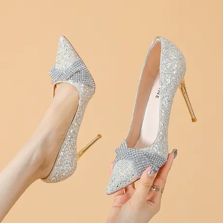 2023年春夏季新款尖头水钻高跟鞋女细跟法式少女气质浅口宴会单鞋商品大图