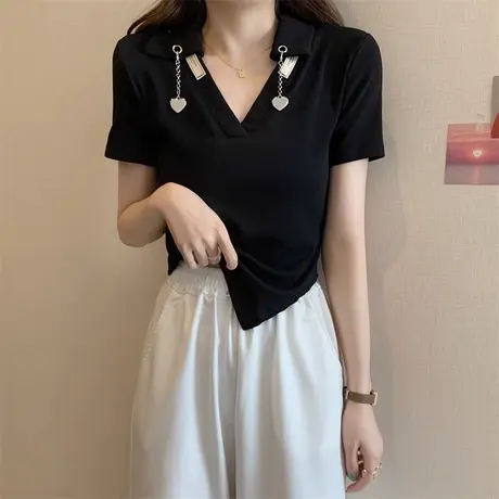 大码女装POLO领短袖t恤女胖MM设计感小众爱心链条不规则上衣200斤商品大图