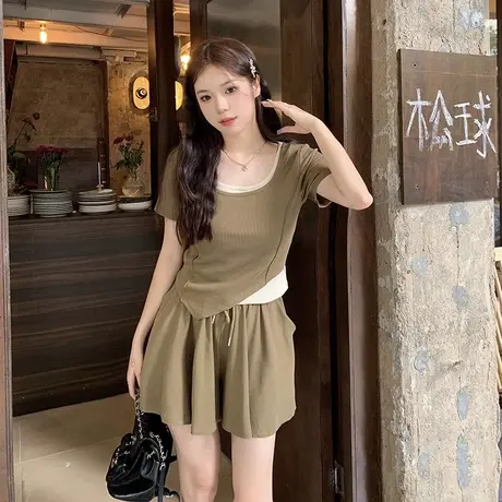 大码胖MM休闲运动套装女夏季显瘦遮肉假两件阔腿短裙两件套200斤商品大图