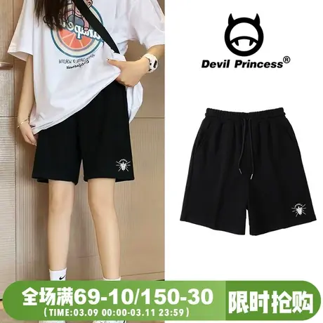 黑色运动风短裤女BF宽松夏季新款显瘦高腰直筒阔腿五分裤男女同款商品大图