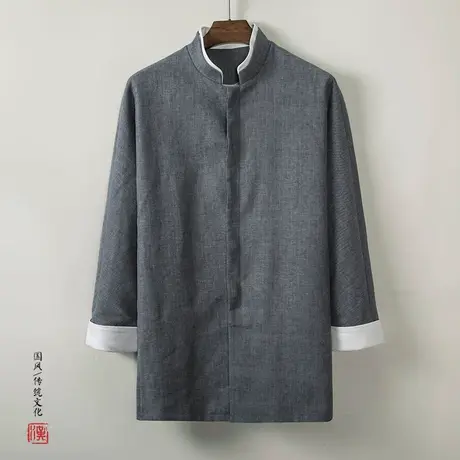 春季中式棉麻中长款外套男复古宽松立领风衣中国风亚麻茶艺禅服图片