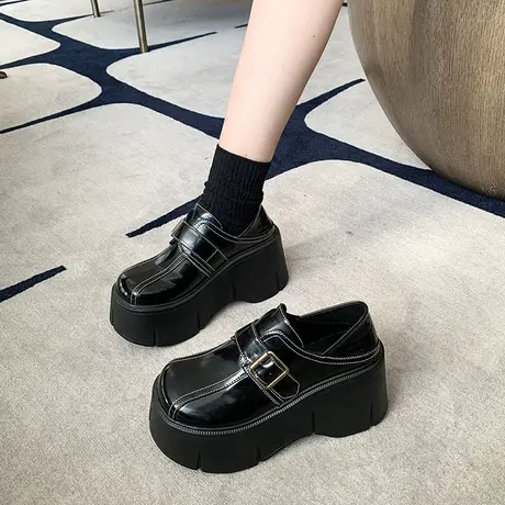 乐福鞋女2024春秋季新款复古英伦风小皮鞋小个子厚底粗跟高跟单鞋商品大图