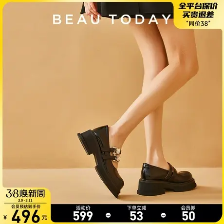 BeauToday复古玛丽珍鞋BT英伦白色小皮鞋女春季真皮厚底黑色单鞋商品大图