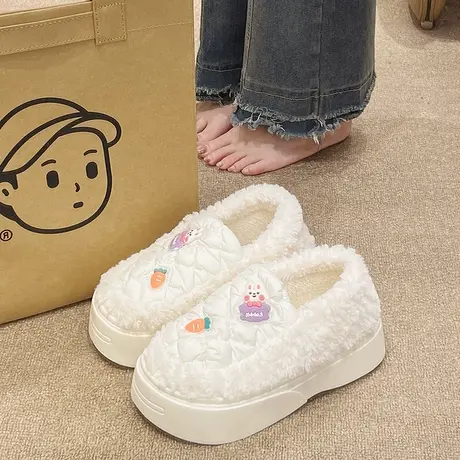 可爱兔子棉拖鞋女冬季加绒保暖厚底增高防滑外穿居家包跟月子棉鞋图片