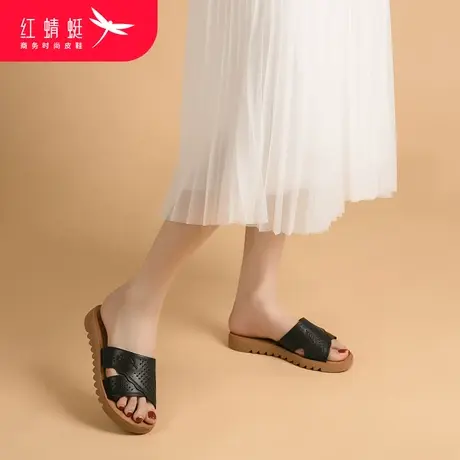 红蜻蜓拖鞋黑色凉拖女外穿真皮平底舒适沙滩鞋中老年妈妈鞋日常穿商品大图