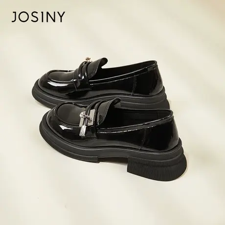 Josiny/卓诗尼黑色小皮鞋女2024新款春季厚底一脚蹬乐福鞋女鞋子商品大图