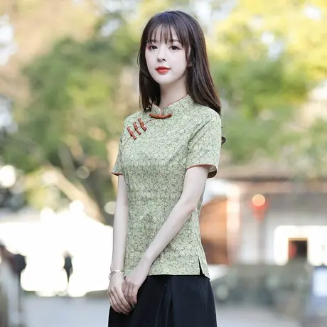 筠雅碎花唐装中国风女装旗袍式上衣茶艺师服女复古休闲中式女装商品大图