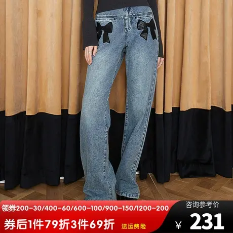 妖精的口袋高腰直筒牛仔裤女2023秋季新款深色宽松复古显瘦长裤商品大图