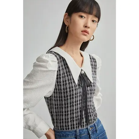 茵曼早秋装新款女尖领千鸟格蝴蝶结高级感气质名媛也爱的毛衣图片