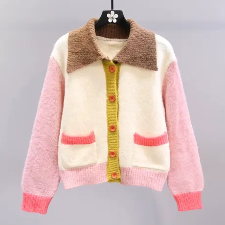 日系撞色polo领毛衣外套女秋冬2023新款宽松慵懒风洋气针织开衫商品大图