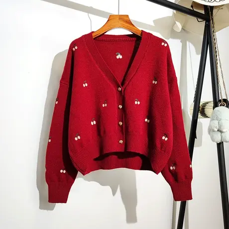樱桃毛衣外套女春秋新款红色韩版宽松慵懒温柔风v领短款针织开衫商品大图