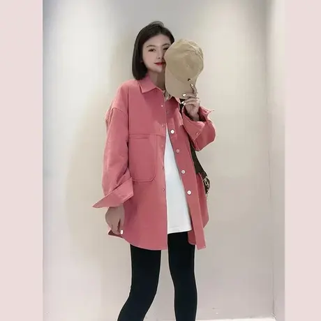秋季宽松POLO领长袖衬衫女2023韩版纯色休闲双口袋中长款上衣外套商品大图