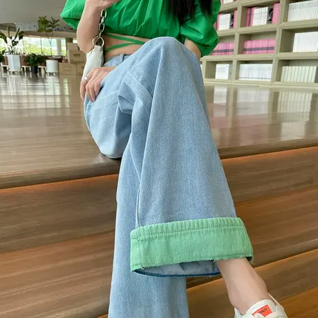 浅蓝色高腰阔腿拼接牛仔裤女2023春秋新款宽松垂感显瘦直筒拖地裤商品大图