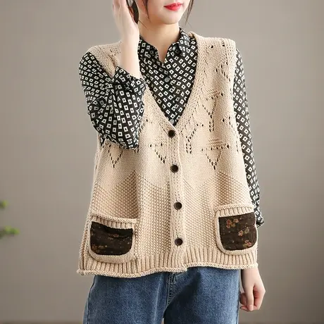 dza 文艺复古马甲背心女士针织外穿宽松短款外套新款秋季毛衣马夹商品大图