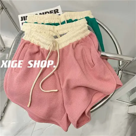 撞色拼接松紧腰运动短裤女夏季百搭显瘦华夫格阔腿休闲热裤跑步潮商品大图