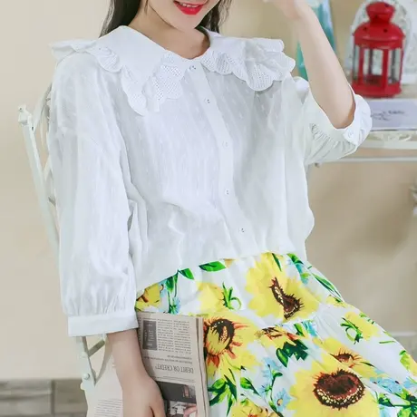 胖妹妹夏季2023新款复古气质娃娃领衬衫加大码花边领韩版显瘦上衣商品大图