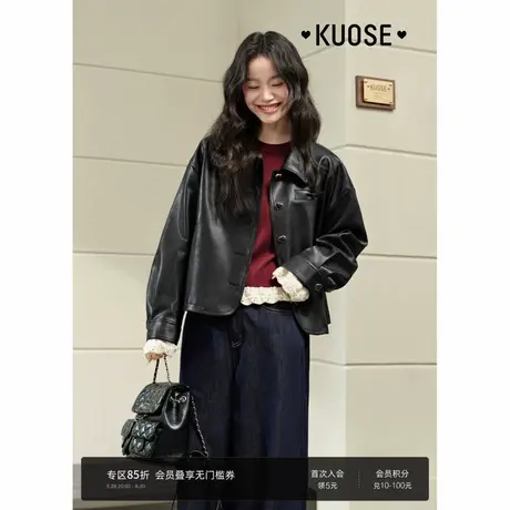 阔色黑色复古皮衣机车短外套女2025春季新款气质翻领夹克上衣图片