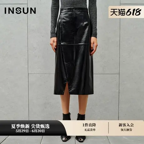 INSUN恩裳冬时尚缺口直筒绵羊皮半身裙图片