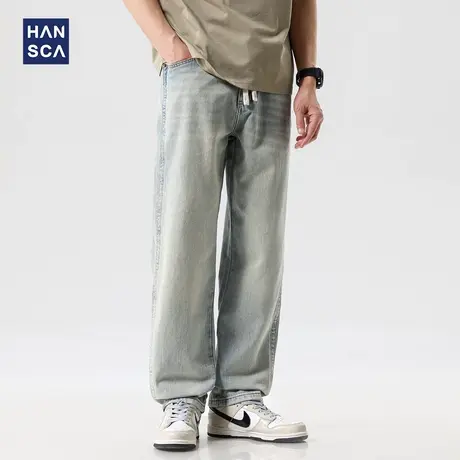 hansca莱赛尔宽松牛仔裤男2025年春季新款抽绳松紧腰美式潮牌长裤商品大图