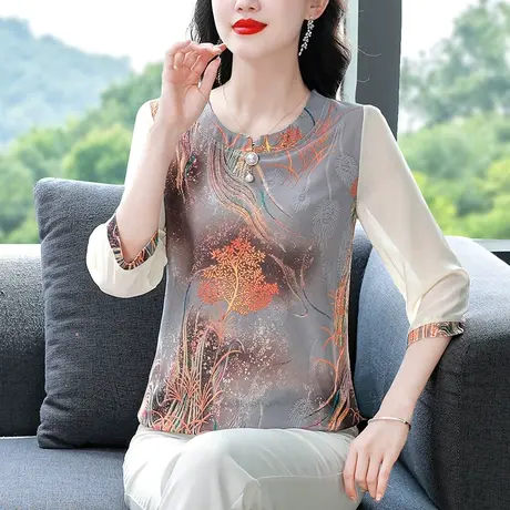 初秋七分袖雪纺衫女2023秋装女士宽松时尚洋气妈妈装别致减龄小衫商品大图