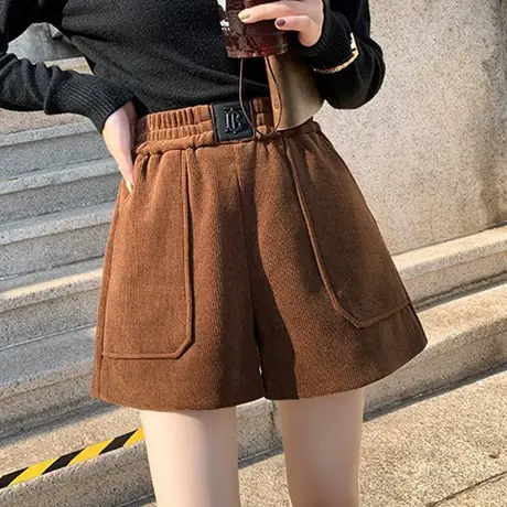 加厚灯芯绒阔腿短裤女秋冬2022新款焦糖色高腰显瘦外穿a字靴裤子图片