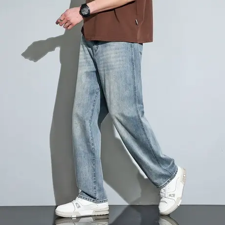 唐狮夏季新款男牛仔裤薄阔腿宽松直筒简约美式复古潮流休闲长裤图片