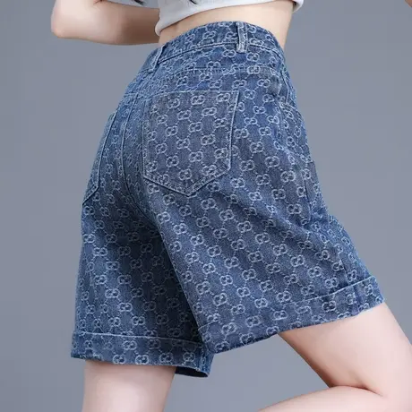 提花牛仔短裤女夏2023年新款高腰宽松设计感网红时尚潮流a字热裤商品大图