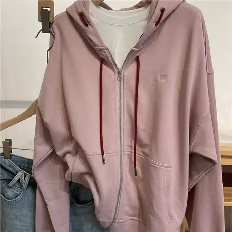 设计款 慵懒休闲 抽绳拉链毛圈棉连帽卫衣女 笑脸标宽松帽衫外套商品大图