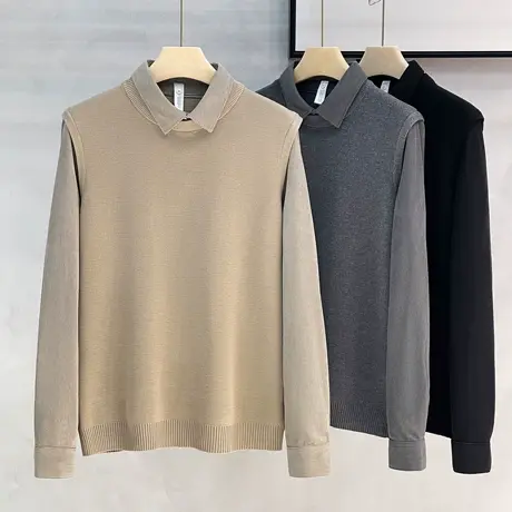 男士假两件毛衣2023秋冬新款潮流商务休闲衬衫领针织衫毛线衣男潮商品大图