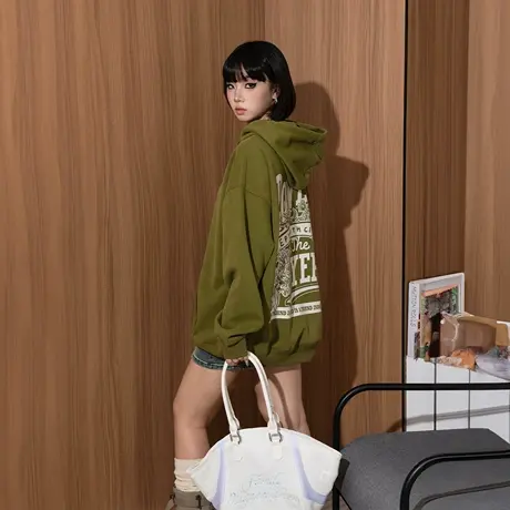 YEP复古橄榄绿印花连帽卫衣女春秋2025新款宽松美式套头帽衫外套商品大图