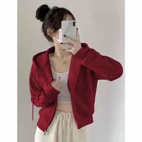 酒红色拉链卫衣女早秋季开衫连帽小个子卡腰短款上衣加绒加厚外套商品大图