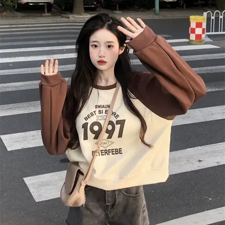 欧货ins潮牌短款圆领卫衣女春秋韩版宽松显瘦百搭插肩袖套头上衣商品大图