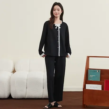 顶瓜瓜纯棉蕾丝圆领开襟睡衣女系带纯色长袖长裤女士家居服顶呱呱商品大图