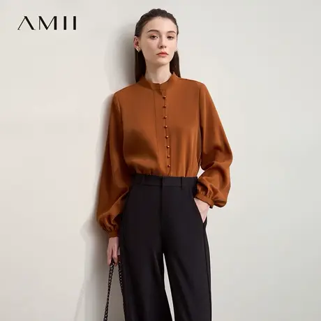 Amii2025秋新款立领异形珠扣雪纺衫女通勤优雅气质显瘦垂感上衣商品大图