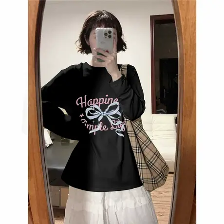 NOW真维斯黑色纯棉长袖t恤女2025新款早秋圆领宽松大码内搭打底衫商品大图
