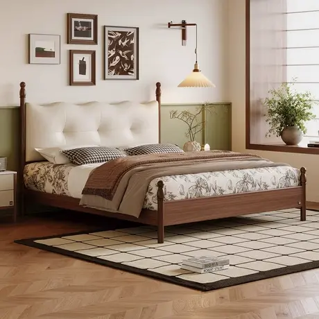 顾家家居实木柚木全实木家用卧室主卧1.8m中古风皮艺软靠包双人床商品大图