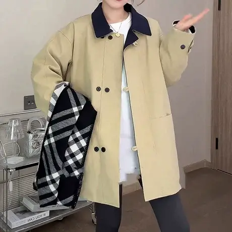 卡其色韩版中长款风衣外套女2025春秋新款拼色宽松显瘦双排扣大衣商品大图