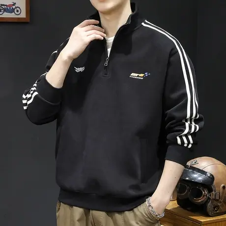 条纹半高领拉链潮牌卫衣男秋冬款男款重磅衣服秋季23新款长袖大码商品大图