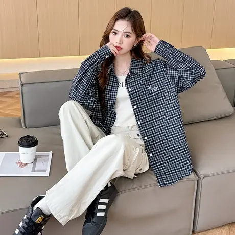 唐狮新款长袖衬衫女黑白格子翻领休闲百搭上衣宽松外套潮blTM图片