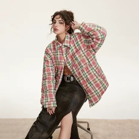 原创国潮格子棉服女2023年新款冬季外套ins潮牌复古绗棉宽松棉衣图片