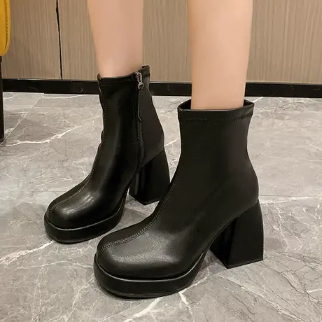 高级感小短靴高跟女靴子2023新款方头粗跟短靴女黑色防水台马丁靴商品大图